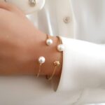 بنگل طلا زنانه دو مروارید,بنگل طلا زنانه مروارید و گل