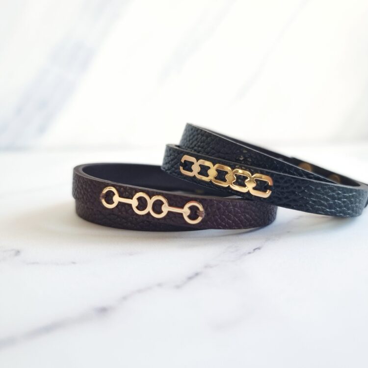 دستبند چرم و پلاک طلا مردانه 2 دور قهوه ای,دستبند چرم و پلاک طلا مردانه 2 دور مشکی