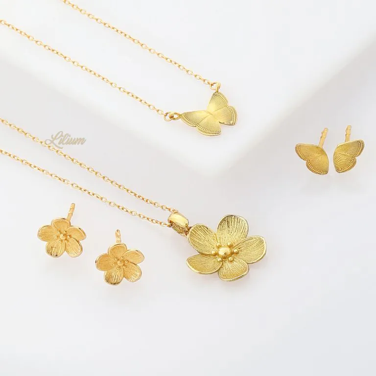 آویز گل طلا,گوشواره گل طلا,گردنبند پروانه طلا,گوشواره پروانه طلا