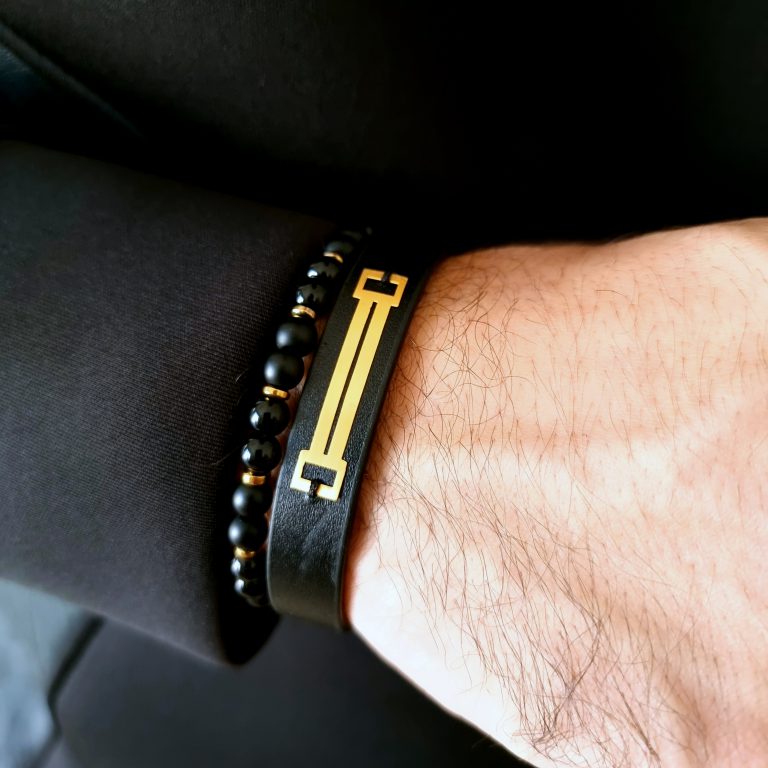 دستبند طلا و چرم مردانه مشکی